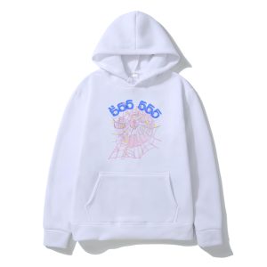 Group of models showcasing the versatile Sp5der Young Thug 555555 Angel Hoodies in white