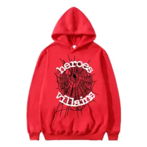This photo 1 shows Sp5der x Heroes And Villains Hoodie Red from the front side
